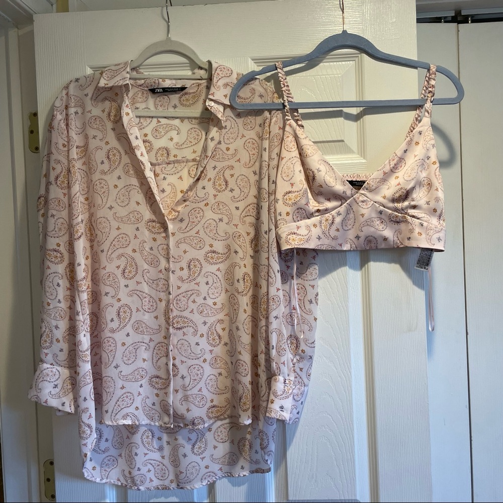 ZARA Matching Satin Paisley Pastel Bralette and Button Down